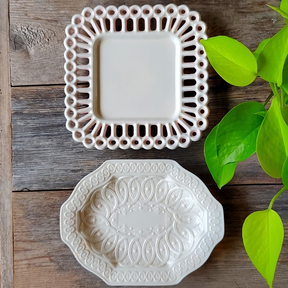 Two pieces: Verona Skye McGhee cream porcelain dish & cream lattice plate